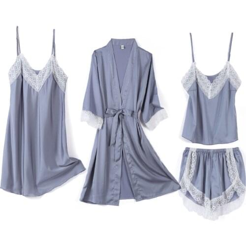 4PCS Pajamas Set Womens V-Neck Negligee Sleep Wear Pijama Home Nightie Sexy Long Sleeve Bathrobe Spring Robe Gown Suit Sleepwear