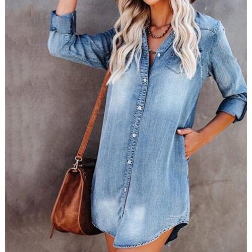 Women Irregular Lapel Buttons Denim Shirt Dresses 2020 Autumn Winter Jeans Dress Female Long Sleeve Pockets Mini Party Vestidos