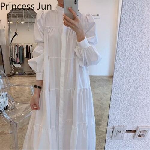 Chic Long Stand Collar Black White Loose Shirt Dress Spring New Fashion French Retro Long Puff Sleeve Casual Midi Dress Vestidos