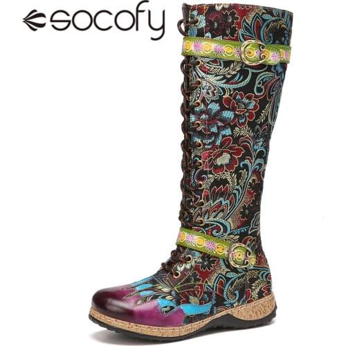 SOCOFY Women Retro Boots Flowers Cloth Splicing Comfy Leather Lace-up Zipper Mid-calf Boots Round Toe Warm Boots Ladies Shoes