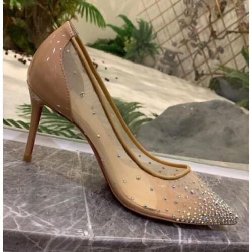 Shoes for Wedding Women Red High Heels Sexy Ladies Pointed Toe Party Thin Heels Mesh (Air Mesh) Crystal Women Sandals Size 44