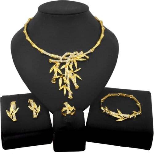 Yulaili Fashion Bridal Jewelry Sets Crystal Necklace Bangle Ring Luxury Wedding Earrings Dubai Gold Jewelry Sets for Womens Gift