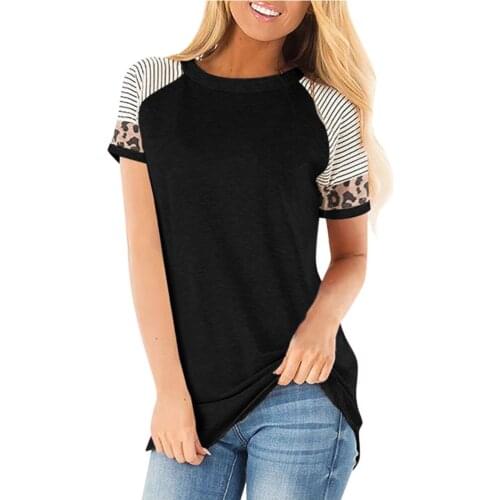 Summer new women short-sleeved raglan sleeves round neck striped stitching short-sleeved printing Slim Harajuku womens T-shirt