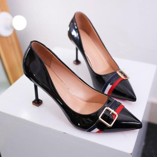 Patent Leather High Heel Female Spring 2019 European American Sexy Ribbon Metal Buckle Stiletto Pointed Professional Work Shoes