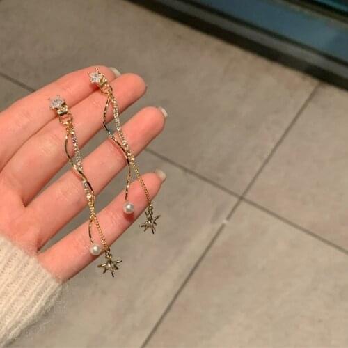 MENGJIQIAO Korean Cute Star Zircon Drop Earrings For Women Fashion Metal Chain Long Tassel After Hanging Pendientes Jewelry Gift