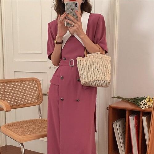 Women Summer Vintage Rose Red Long Shirt Dress Sashes 2021 New Double Breasted Elegant Midi Sundress