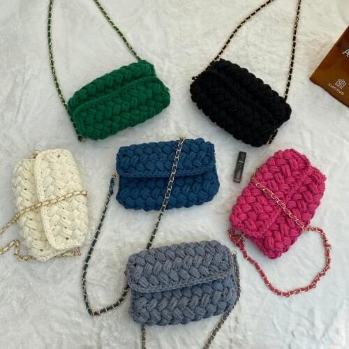 2021 Winter Women Cotton Handmade Crochet Bag High Quality Golden Chain Shoulder Bag Female Crossbody Messenger Bags