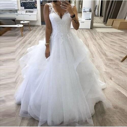 V-neck Princess Ball Gown Wedding Dresses Tiered Skirt Tulle Bride Dress Customer Size vestido de noiva White Ivory Bride Gown