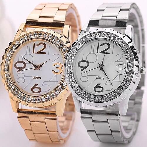 Womens Mens Crystal Rhinestone Alloy Stainless Steel Analog Quartz Wrist Watch Ladies Dress Watches Gift Luxury