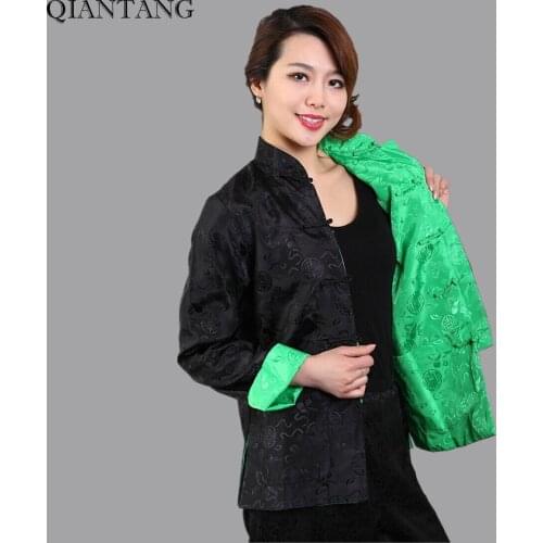 Black Green Traditional Chinese Reversible Jacket Mujer Chaqueta Women Silk Satin Two-side Coat Size S M L XL XXL XXXL Mny21-A