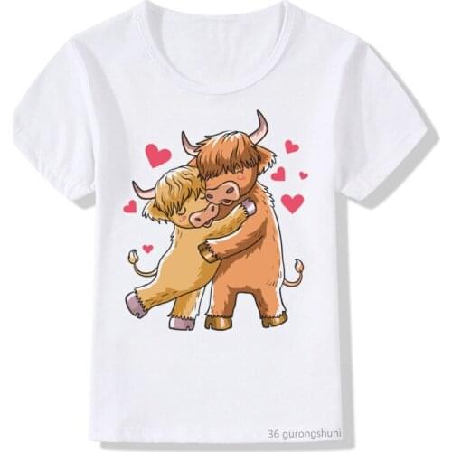 Scottish Buffalo Cartoon Print Kids T-shir Funny and Cute Kids Clothes Casual T Shirt Summer Boy/girls Vogue Short-sleeved Shirt