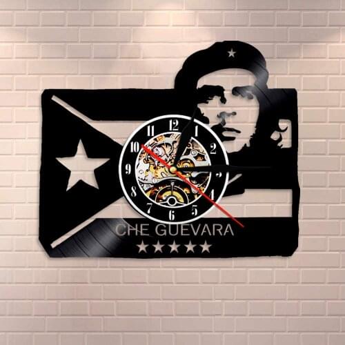 Flag Cuba Revolution Man Cave Che Guevara Portrait with Cuban Wall Art Wall Clock Socialist Vintage Vinyl Record Wall Clock