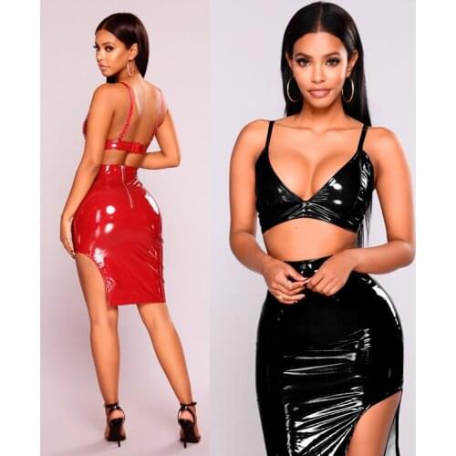 Gothic Sexy Lingerie Black Red Bright PVC Faux Leather Club Dress V Neck Fetish Party wear S--3XL GL883