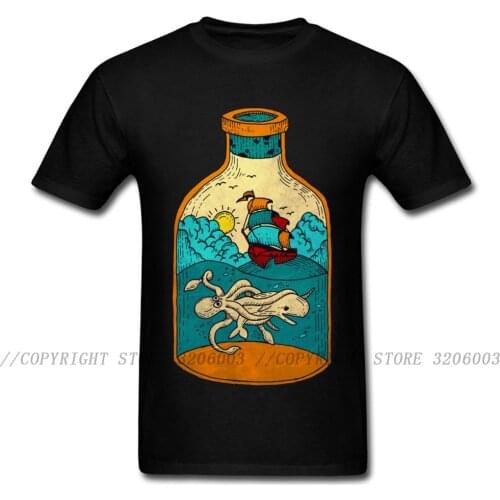 Bottle Summer Time 2018 Men T Shirt Novelty Design Vintage Painting Cartoon Ship Octopus Sea Whale Print Black T-shirt