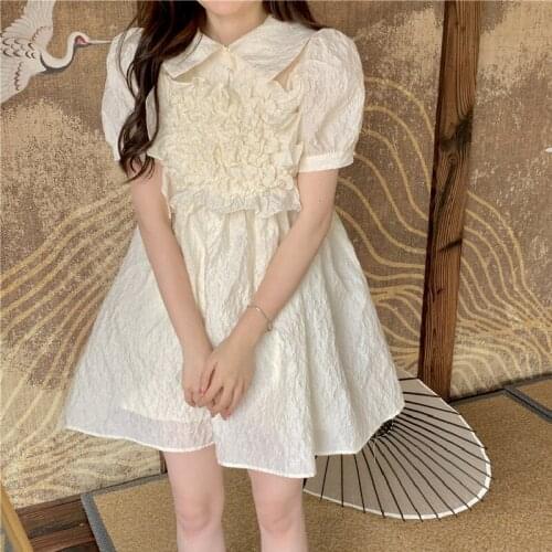 Sweet Princess Style First Love Skirt 2021summer New Mid-Length Waist-Controlled Lace-up Puff Sleeve Dress lolita dress