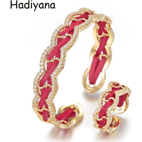 Hadiyana New Arrival Elegant Shape Red Ribbon Jewelry Set For Women Adjustable Size Bangle Ring Party Jewelry Set BS3028