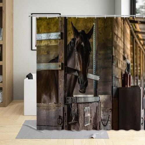 Retro Country Farm Masche Shower Curtain Old Wooden Board Bathroom Decor Vintage Farmhouse Horse Bath Curtains With Hooks Sets