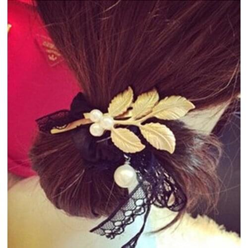 Fresh wind Sen Department of pearl flower four small hairpin side folder Retro golden leaf leaves hairpin side folder