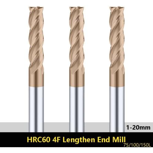 BEYOND 1-20mm Solid Carbide Lengthened End Mill HRC60 4 Flute 75/100/150 Center CNC Cutting Milling Tungsten Steel Endmills