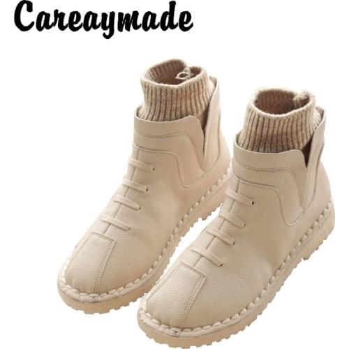 Careaymade-Wool mouth round head warm and waterproof flat-soled soft-soled handicraft boots and winter ankle boots