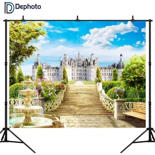 DePhoto Vinyl photography backdrops Floral Oil Printed European Manor Castle flower Fountain Scenery Backgrounds Photo Prop