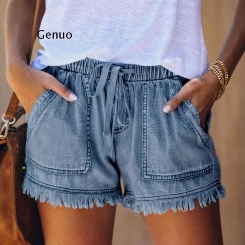 Womens Pocket Jeans Denim Drawstring Female Tassel Bandage Button Solid Color Casual Shorts