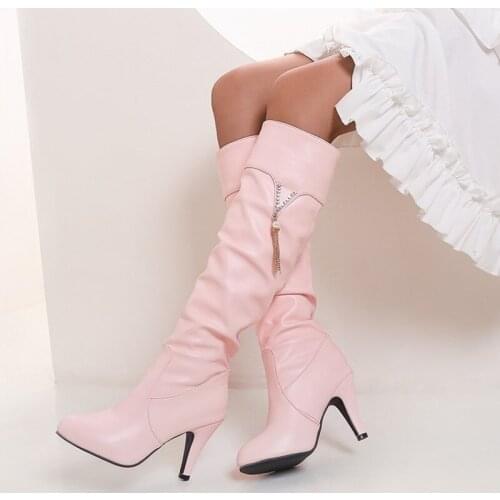 Thin High Heel Long Boots 2021 Fashion Knee High Boots Womens Winter Boots Sweet Round Toe Fringe Pleated Autumn Shoes Woman