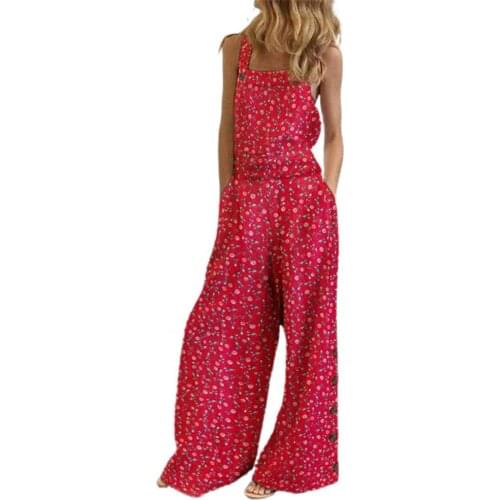 Lady Casual Jumpsuit Floral Print Sling Backless Side Buttons Loose Wide Leg Jumpsuit Women combinaison femme комбинезон женский