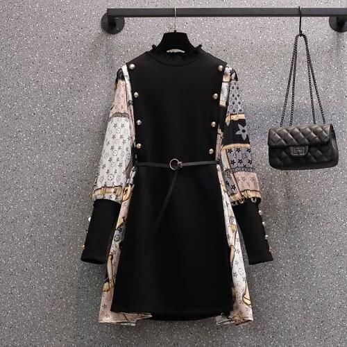 Large womens 2021 spring and autumn new fat sister fashion thin splicing Chiffon temperament medium length dress