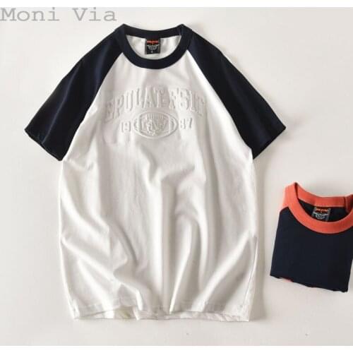 2021 Summer T-shirts Men Retro Arm Stitching 3D Lettering Cotton Harajuku Oversized Tshirt Casual Hit Color Round Neck Mens Tops