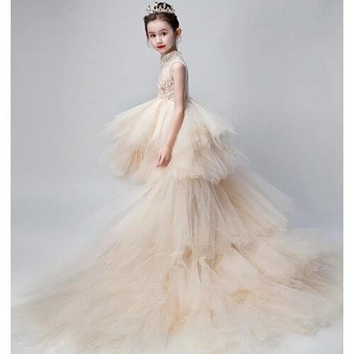 Kids Catwalk Dress Lace Mesh Stitching Sleeveless Trailing Evening Gown Birthday Party Wedding Dress For Girls L728