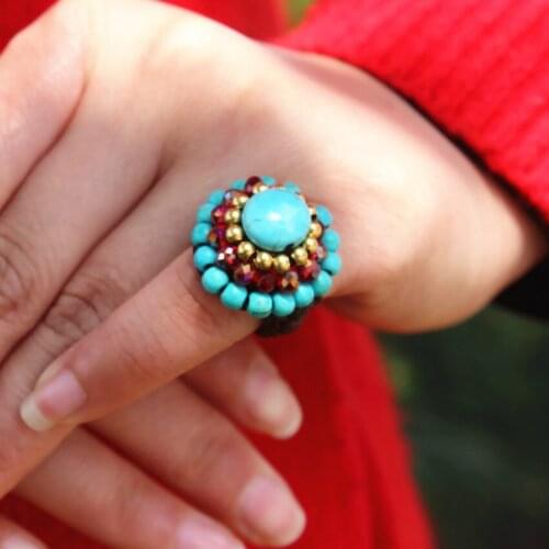 FYSL Copper Layer Geometric Shape Green Turquoises Stone Finger Ring Handmade Weave Jewelry