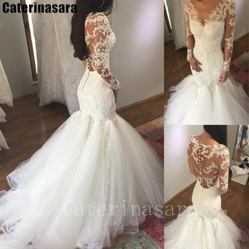 Illusion Lace Mermaid Wedding Dress Long Sleeves Button Organza Train Bridal Gown Custom Made