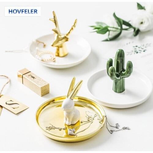 Nordic Ceramic Jewelry Tray Organizer Necklace Ring Display Plate Creative Decorative Crafts Cactus Antlers Holder Desktop Dish