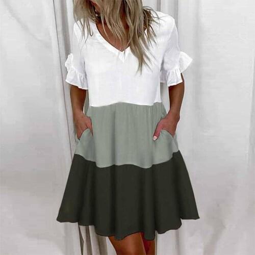 Summer Dress Womens Clothing 2021 Pockets Mini Dresses V-Neck Short-Sleeved Ruffle Stitching Dress For Women Vestido Femme Robe