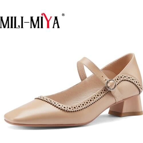 MILI-MIYA New Arrival Women Full Genuine Leather Pumps Buckle Strap Square Toe Thick Heels Dress Party Shoes Handmade For Ladies