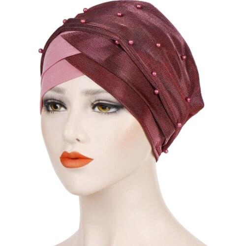 Fashion Muslim Women Beading Hijab Bonnet Long Tail Turban Caps Islamic Forehead Cross Inner Hijab Cap African Indian Hat