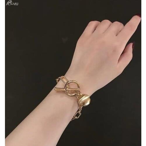 AOMU New Fashion Trend Hip Hop Oval Thick Chain Metal Ball Bracelets for Men Women Girls Party Jewelry Gift