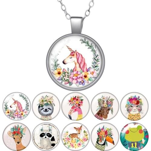 Animals Cartoon unicorn Flamingo cats Round Pendant Necklace 25mm Glass Cabochon Silver color Jewelry Women Birthday Gift 50cm