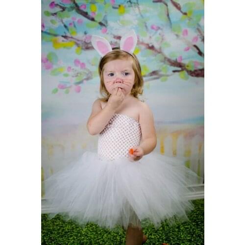 Cute Baby White Rabbit Easter Tutu Dress Girls Crochet Tulle Dress with Pink Ears Hairbow Children Party Cosplay Costume Dresses
