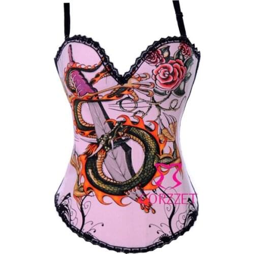 Hot Club Wear Shapewear Dragon Printed Pink Corset Women Ladies Goth Strap Corpete Corselet New Brand Cotton Basques Bodice XXL