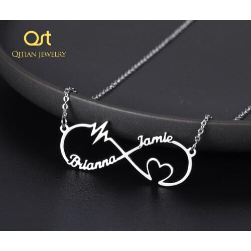 QITIAN Infinity Shape Custom Letters Personalized Heart Pulse Name Necklace Couple Pendant for Women Men Love Christmas Gifts