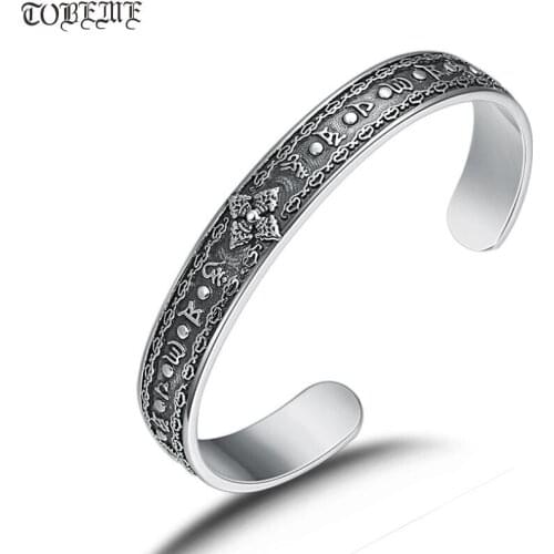 Handmade 100% 925 Silver Tibetan Six Words Cuff Bracelet Thai 925 Sterling Buddhist OM Vajra Dorje Symbol Bangle Tibetan Bangle