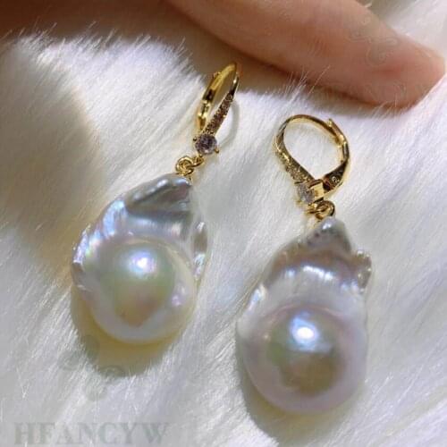White Baroque Pearl Earring 18k Zircon Ear Stud Party Jewelry Cultured Irregular Women Real Accessories Wedding