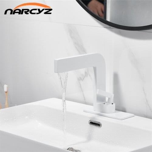 Basin Faucets New Square Faucet with Chassis Bathroom Faucet Vanity Tap Spout Deck Mounted White Color Washbasin Faucet W3036