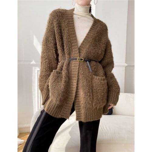 [ZAYAU]Autumn and Winter Wool Blended Thickened Knitted Sweater Loose Coat womens Middle Length Lazy Style