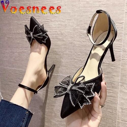 Female Polka Dot Block Heels Sandal Small Fresh Butterfly-knot Shoes Women Sexy High Heels 2021 Summer Wild Pointed Toe Shoes