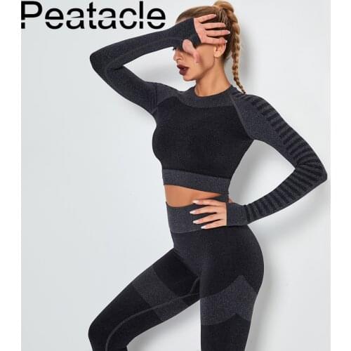 Peatacle Sports Tops Gym Women Seamless Long Sleeve Sexy Shirt Yoga Fitness Running Workout Training Breathable Quick Dry