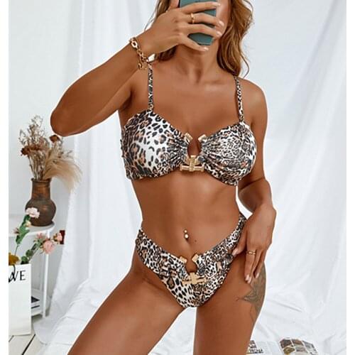 Women Sexy Bikini Leopard Print High Waist Swimsuit Metal 2 Pieces Bikinis Set Female Swimwear Summer Beach Bathing Suits