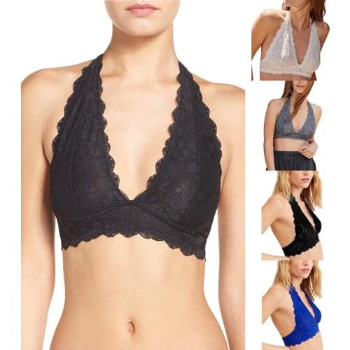 Women Sexy Lingerie, Solid Color Lace Hem Deep V-neck Backless Tops, Blue/ White/ Black/ Grey